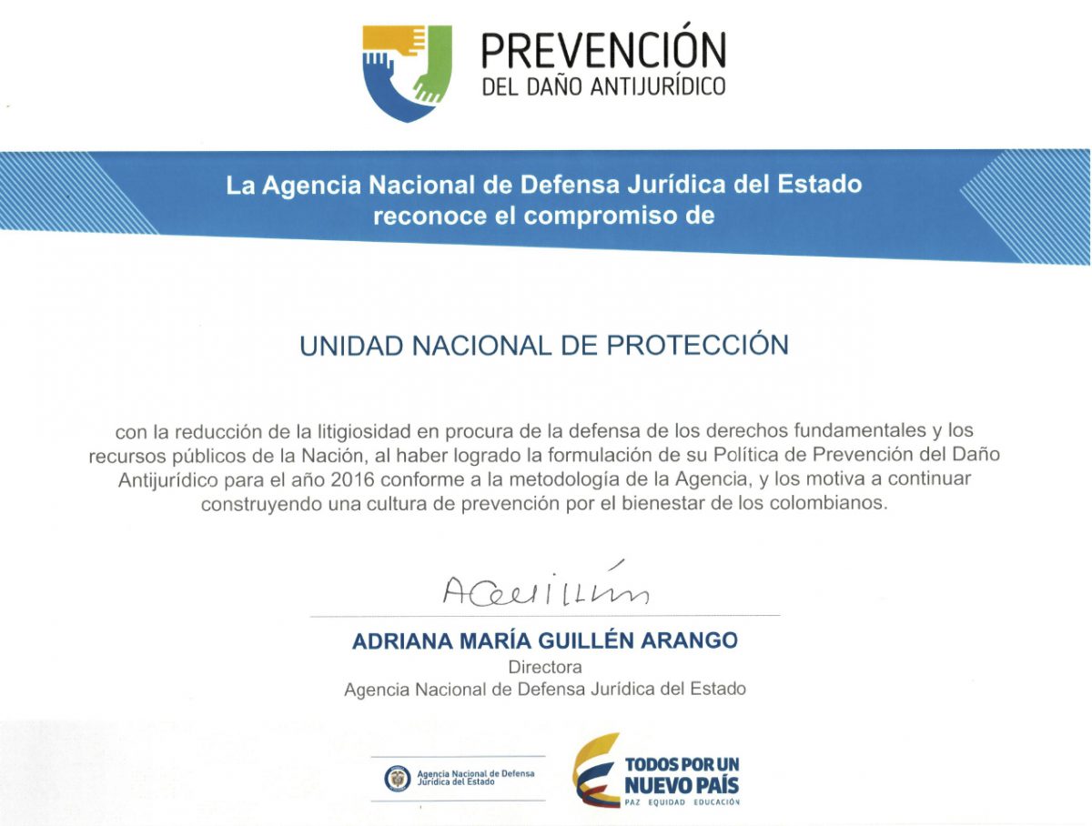 Mención de ​Reconocimiento de la Agencia Nacional de Defensa Jurídica del Estado a la UNP