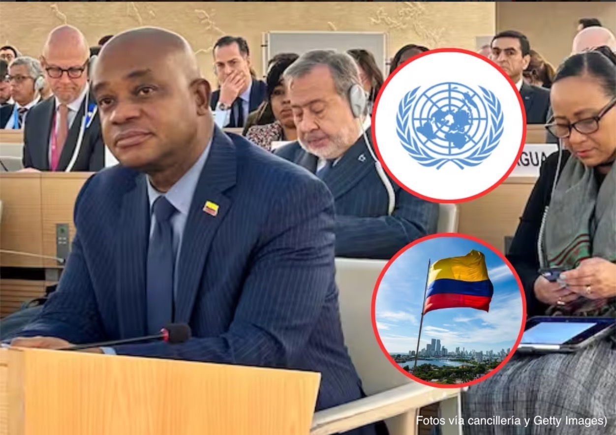 El canciller (e) de Colombia, Luis Gilberto Murillo, en el Consejo de Derechos Humanos de Naciones Unidas. y de fondo el logo de la ONU y una bandera de Colombia