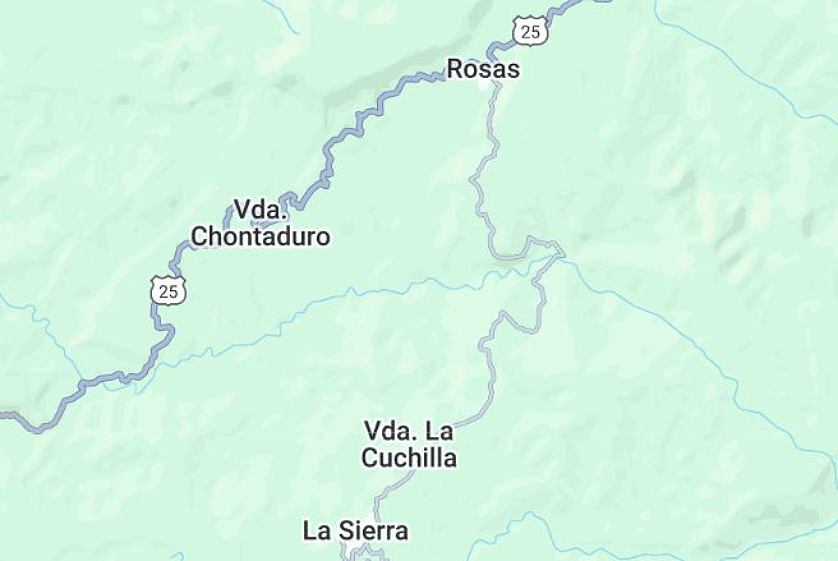 Mapa vía entre los municipios La Sierra y Rosas