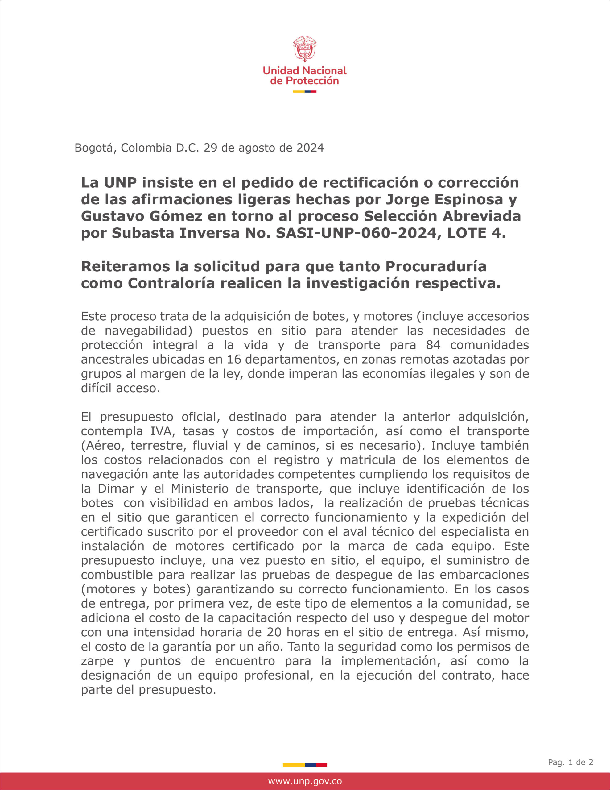 La UNP insiste en el pedido de rectificación o corrección de las afirmaciones ligeras hechas por Jorge Espinosa y Gustavo Gómez_1