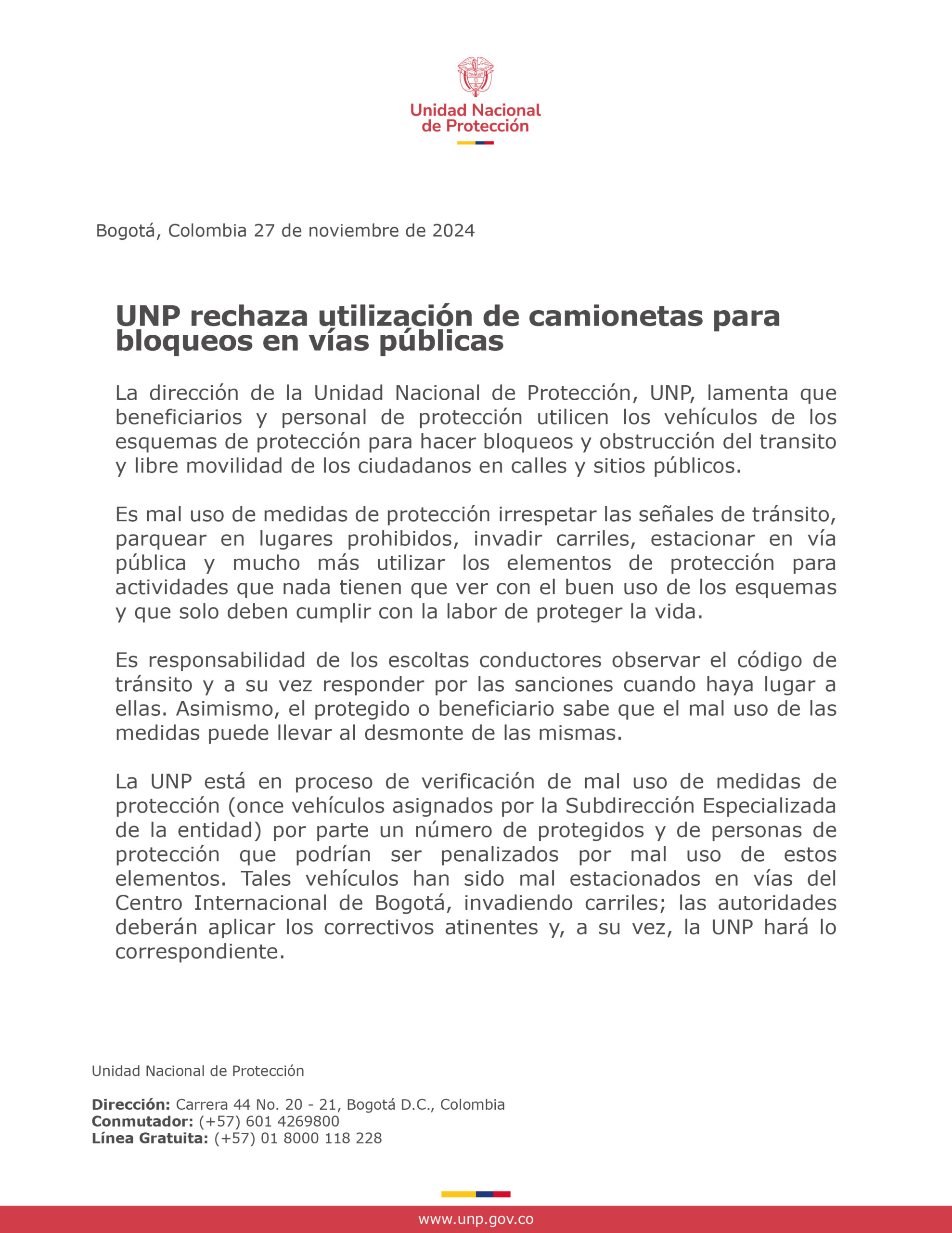 UNP rechaza utilización de camionetas para bloqueos en vías públicas