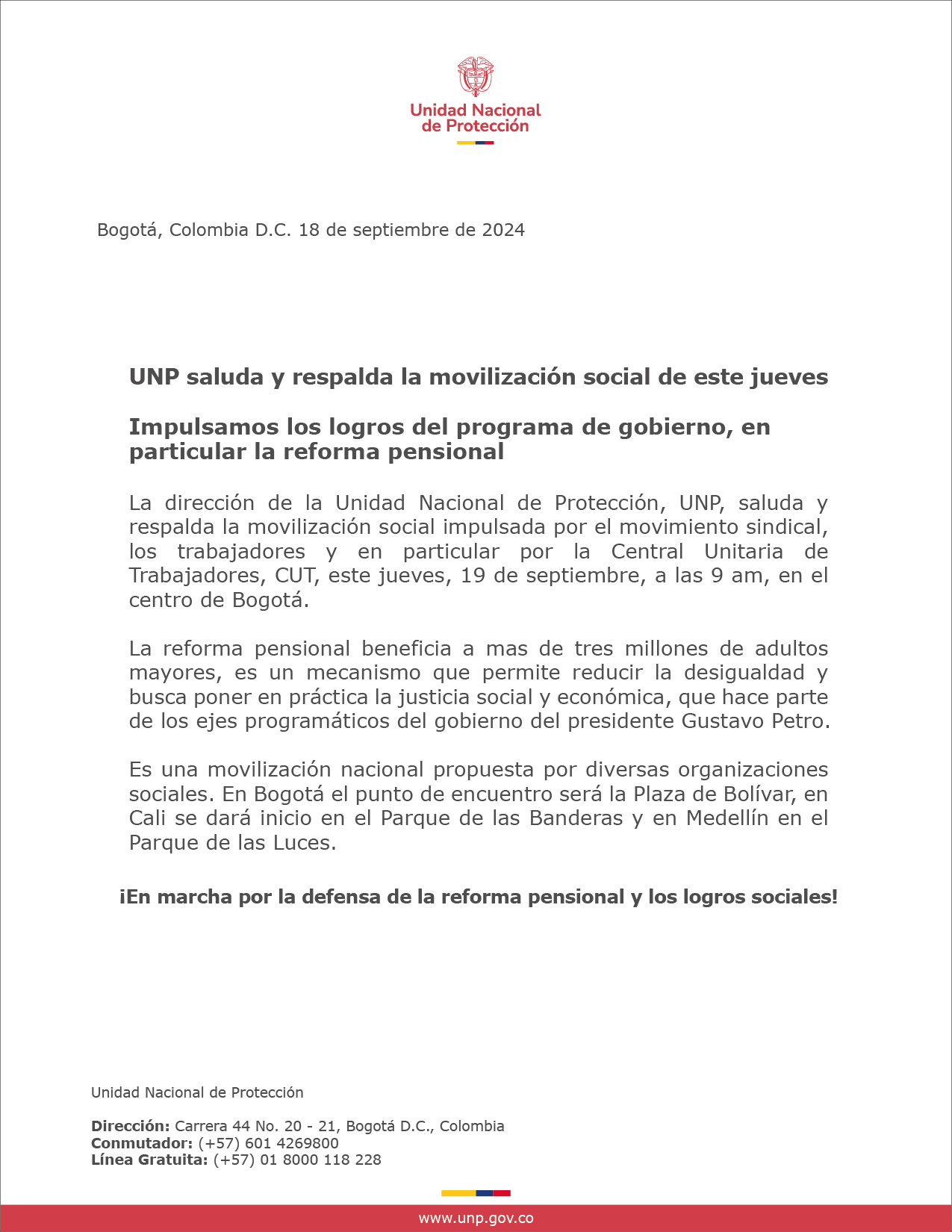 UNP saluda y respalda la movilización social de este jueves