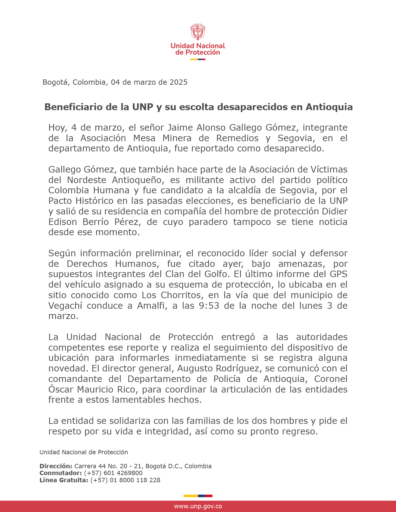 Beneficiario de la UNP y su escolta desaparecidos en Antioquia