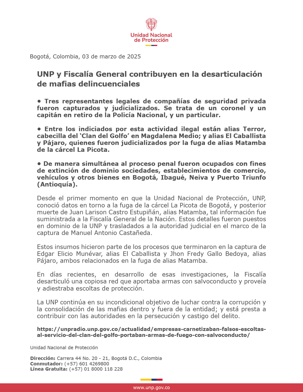 UNP y Fiscalía General contribuyen en la desarticulación de mafias delincuenciales