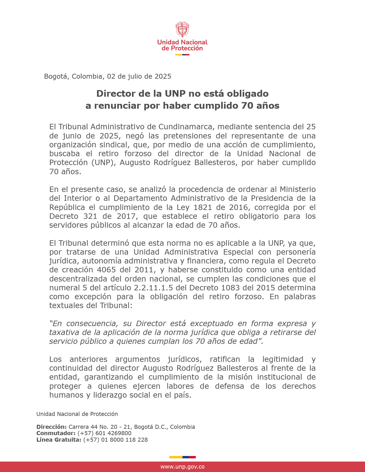 Director de la UNP no está obligado a renunciar por haber cumplido 70 años