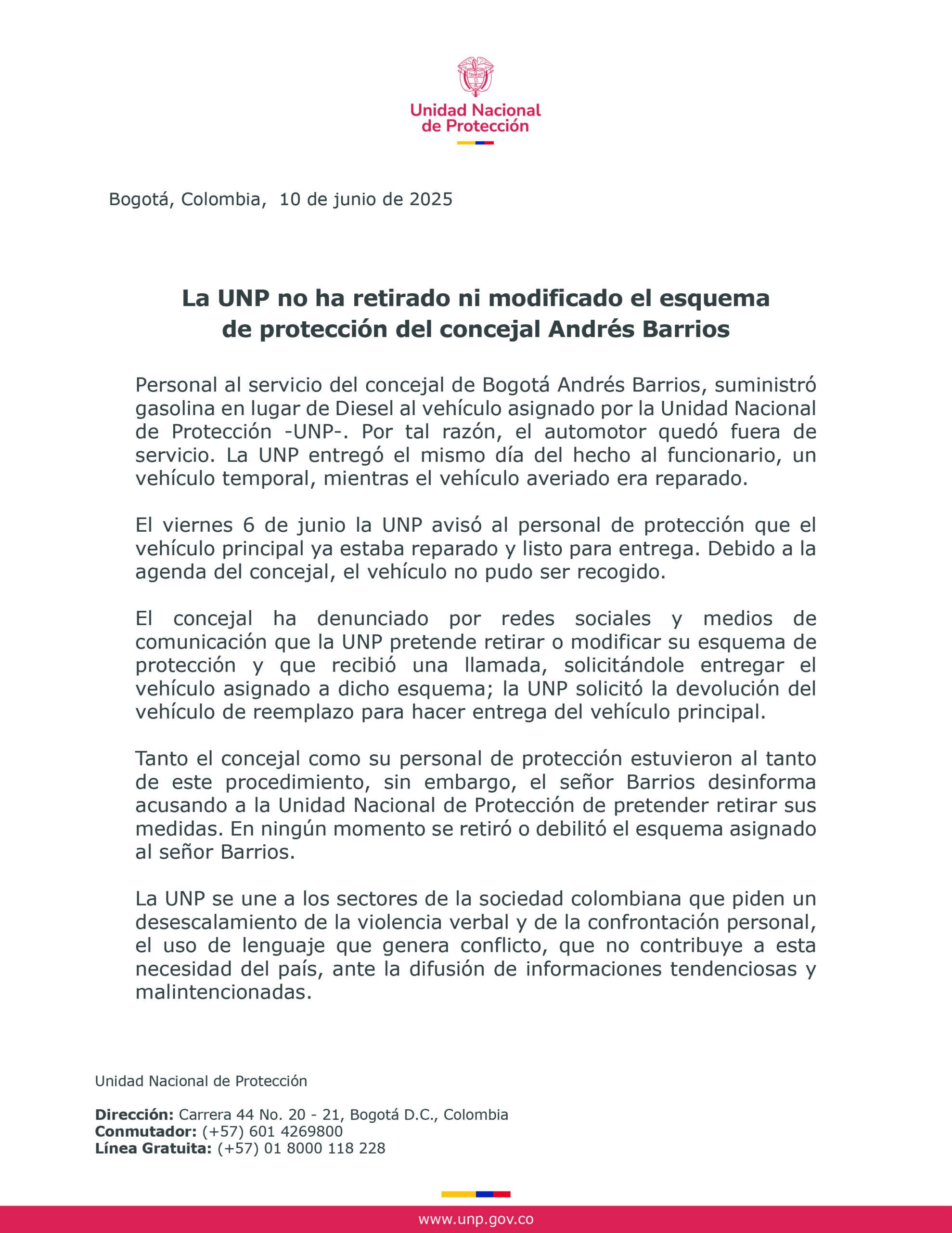 La UNP no ha retirado ni modificado el esquema de protección del concejal Andrés Barrios
