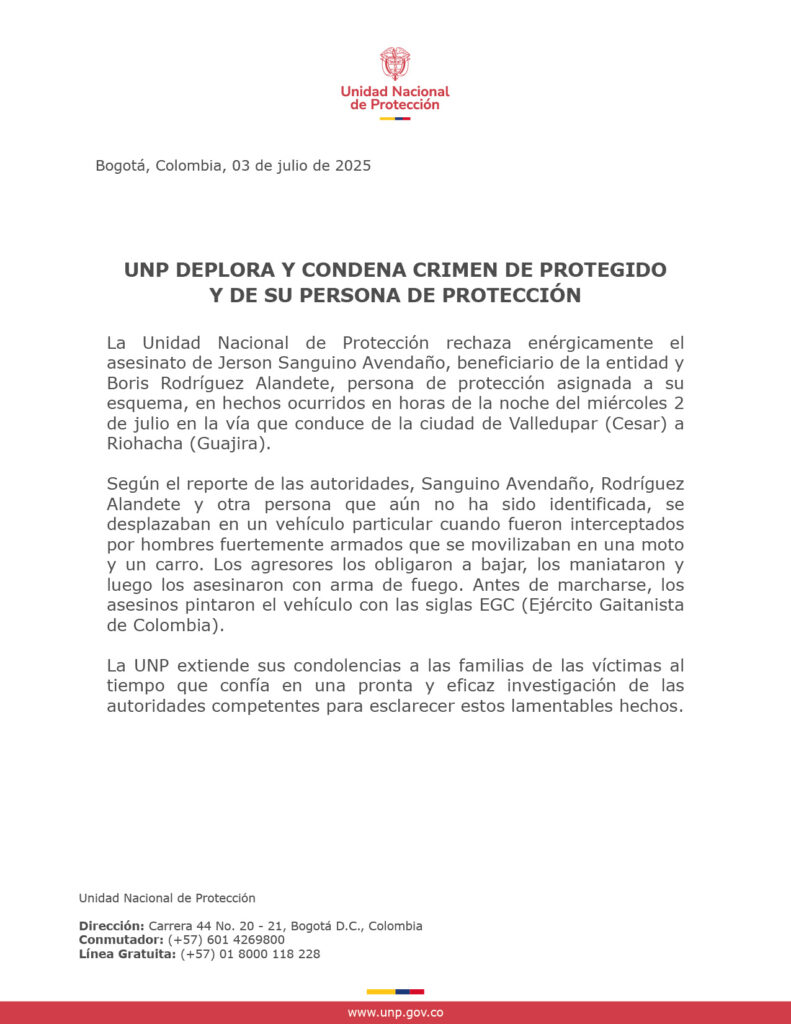 UNP DEPLORA Y CONDENA CRIMEN DE PROTEGIDO Y DE SU ESCOLTA