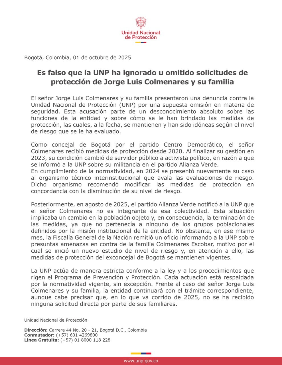 Es falso que la UNP ha ignorado u omitido solicitudes de protección de Jorge Luis Colmenares y su familia
