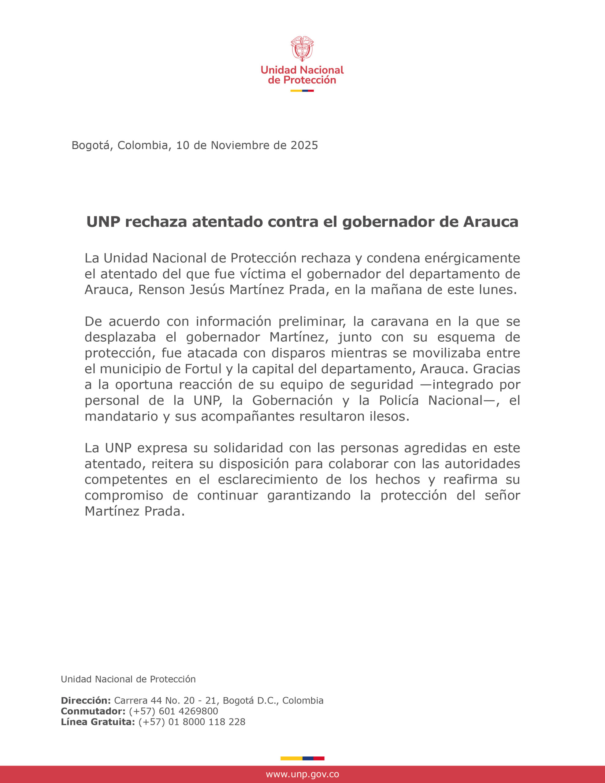 UNP rechaza atentado contra el gobernador de Arauca