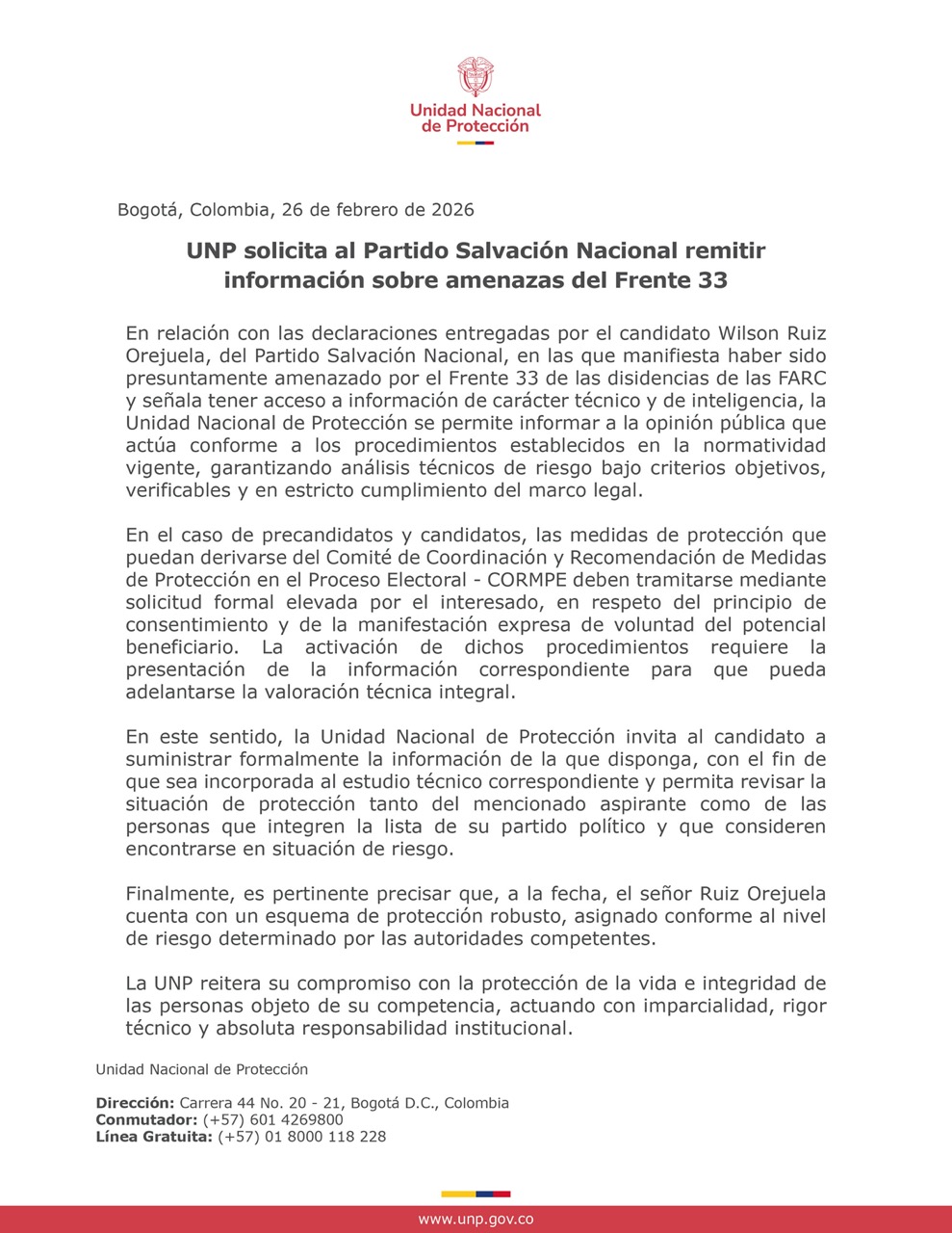 UNP solicita al Partido Salvación Nacional remitir información sobre amenazas del Frente 33