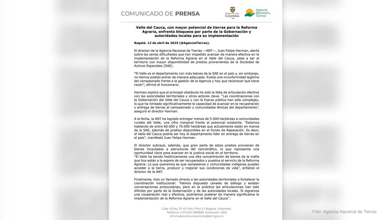 Director de la ANT pidió a autoridades del Valle del Cauca agilizar la Reforma Agraria