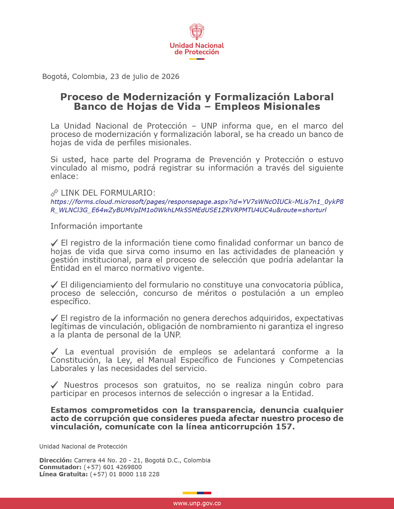 Proceso de Modernización y Formalización Laboral Banco de Hojas de Vida – Empleos Misionales