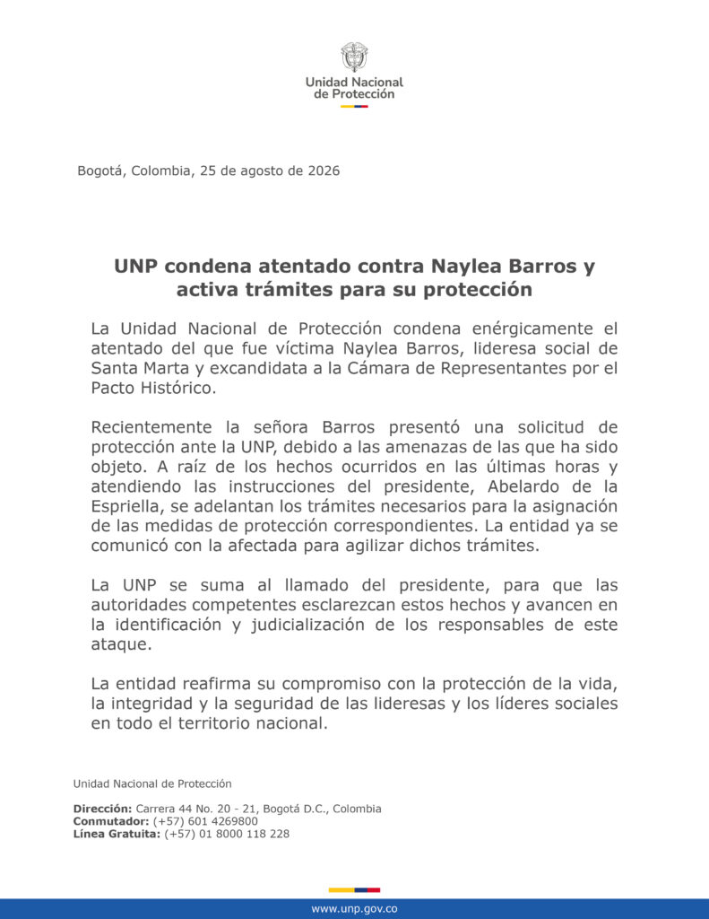 UNP condena atentado contra Naylea Barros у activa trámites para su protección